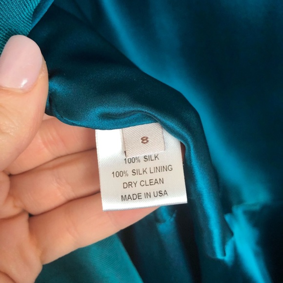 Lela Rose Ruffle Neck Silk Dress in Teal - Picture 5 of 6